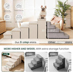 Love's cabin Dog Stairs for High Bed, Foldable Pet Stairs for Small Medium or Large Dogs Puppy with Storage for Bed or Couch, Cat Dog Steps Ramp with Zip up to 200 lbs, Beige, 5 Steps