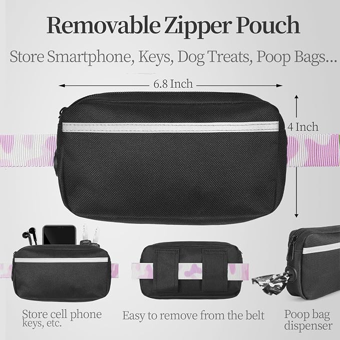 iYoShop Hands Free Dog Leash with Zipper Pouch, Dual Padded Handles and Durable Bungee for Walking, Jogging and Running Your Dog (White-Purple Mix, Large)