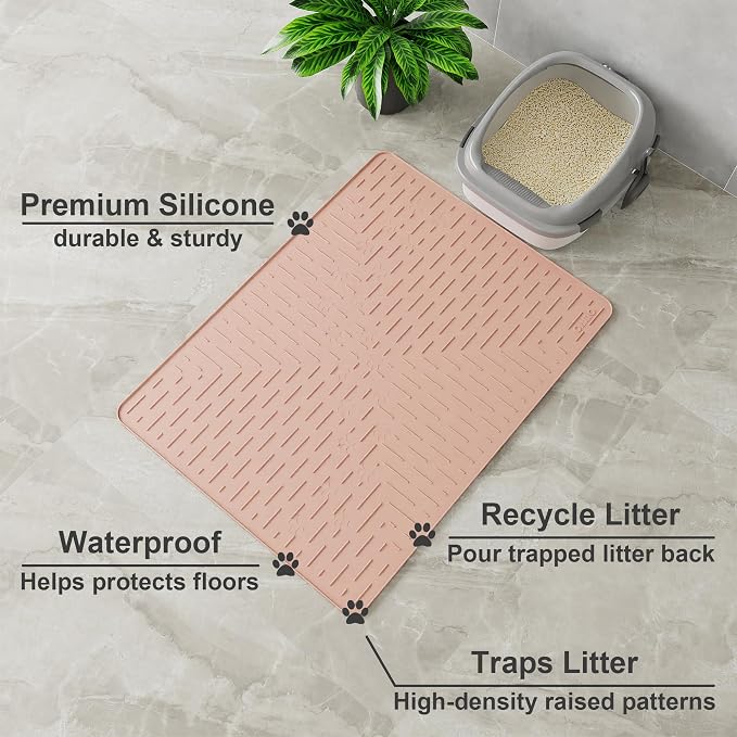 Large Cat Litter Mat, 31.5x23.6 Silicone Trapping Mat Coral | for Kitty Litter Box, Easy Clean, BPA Free Rubber, Center Litter Collection, Easy Pour-Back, Waterproof, Odor-Resistant