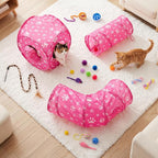 Leitee 40 Pcs Cat Toys Kitten Toys Assortments, Variety Toy Set Including 3 Pink Cat Paws Way Tunnel, Cats Feather Teaser, Fuzzy Mice, Crinkly Ball, Springs, Colorful Balls and Bells for Indoor Pet