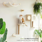 FUKUMARU Cat Wall Shelves, 5 in 1 Set, Beige | Stable Wooden Wall-Mounted Furniture Set, Kitty Climber with Hammock, House, Steps, Scratching Post