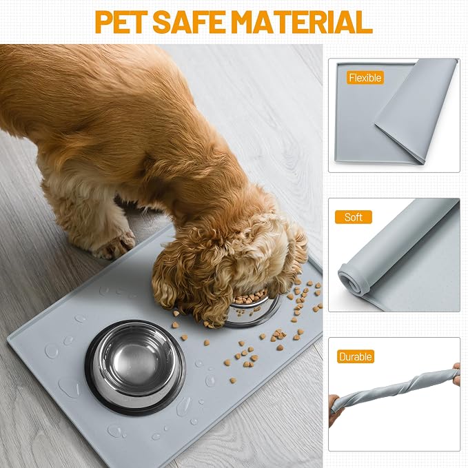 Hubulk Dog Feeding Mat,100% Waterproof Food Grade Silicone Pet Food and Water Bowl Placemat,Dishwasher, High Raised Edge to Prevent Spills,Nonslip Tray to Stop Messes on Floor（32"x24"x1.0", Mist）