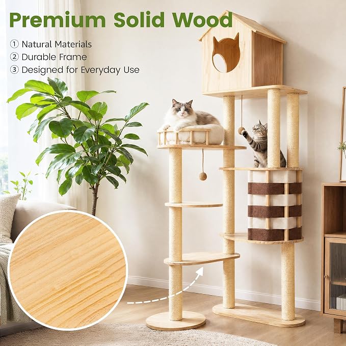 63.8 Inch Large Solid Wood Cat Tree, Modern Cat Tower for Indoor Cats, Cat Condo with Top Hideaway, Sisal Scratching Posts, Washable Cushion, Hanging Balls, Natural