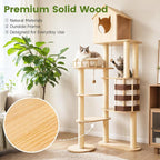 63.8 Inch Large Solid Wood Cat Tree, Modern Cat Tower for Indoor Cats, Cat Condo with Top Hideaway, Sisal Scratching Posts, Washable Cushion, Hanging Balls, Natural