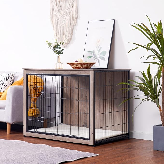 DWANTON Dog Crate Furniture with Cushion, Wooden Kennel Table with Double Doors, Indoor Dog House, Extra Large Size, 43.3" L, Greige