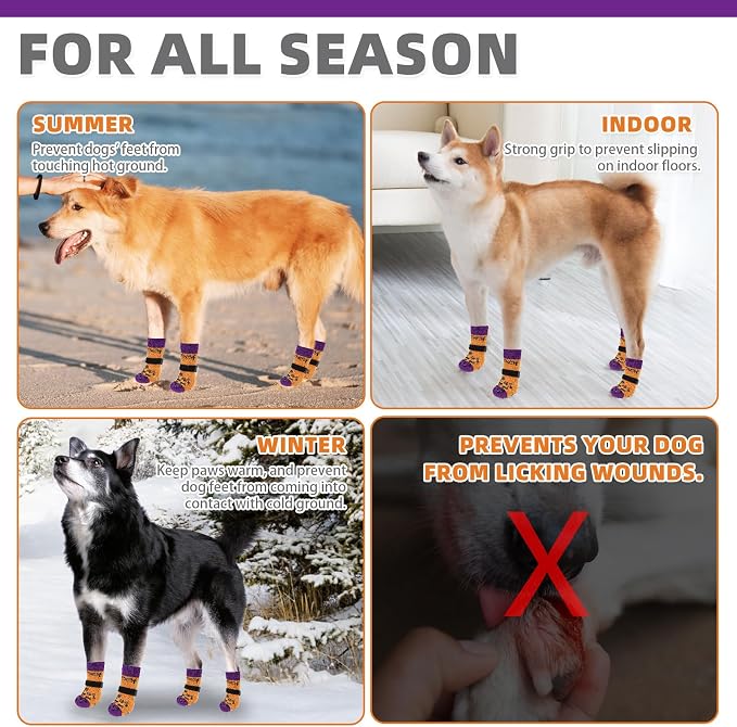KOOLTAIL Anti Slip Halloween Dog Socks to Prevent Licking Paws, Dog Costume Boots&Paw Protector with Grippers for Hardwood Floors, Warm Winter Traction Control Booties for Small Medium Large Dogs, SM