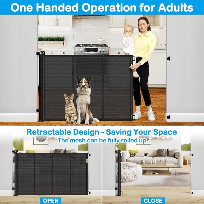 Reinforced 42" Tall X 80" Wide Retractable Dog Gate for Hallway Extra Tall Baby Gates for Dogs Indoor High Reinforced Bar Retractable Baby Gates for Doorways Extra Wide Pet Gate Outdoor, Black