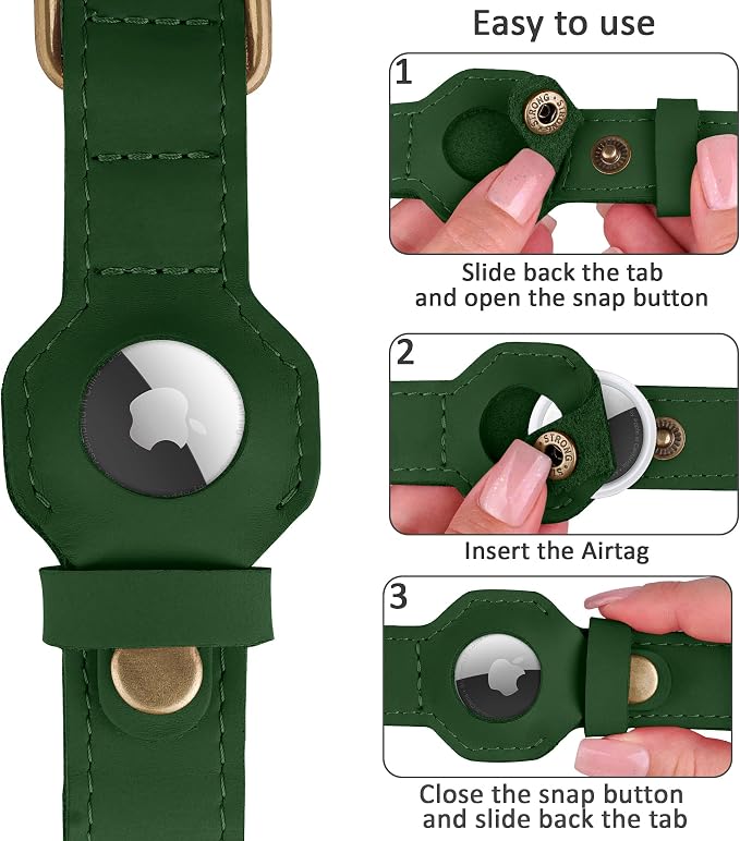 AirTag Dog Collar - Genuine Leather Dog Collar with Apple AirTag Holder and Metal Buckle - Smart GPS Tracking Pet Collars (Dark Green, XS, 9"-12" Neck Fit)