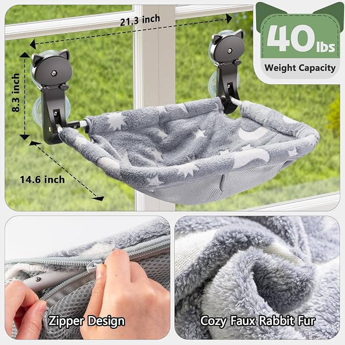 Cat Window Perch Cordless, Glow in The Dark & Stable Cat Beds- Breathable Window Hammock for Overlooking, Sunbathing and Climbing - Maximum Hold Up to 40lb(Grey+Cream)