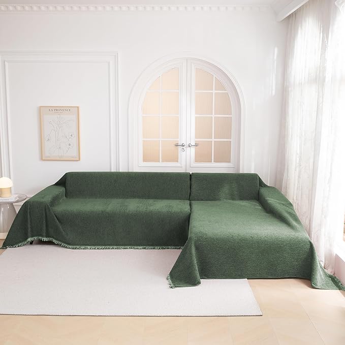 MYSKY HOME Couch Cover Sofa Covers Couch Covers for 3 Cushion Couch Sofa Pet Friendly, L Shaped Couch Cover Sectional Couch Covers Non Slip Dogs Furniture Protector for Kid, Dog, 91"x134", Moss Green