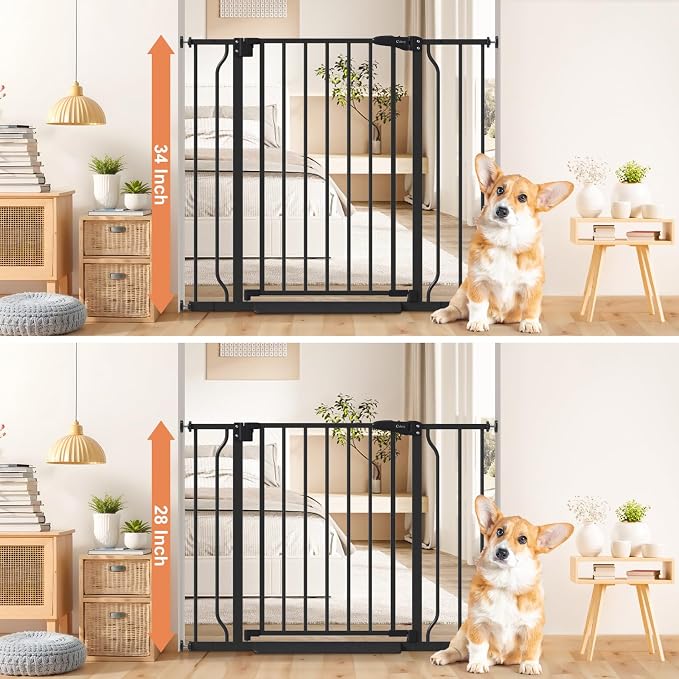 34" Tall Baby Gate No Drilling, Auto Close Dog Gate Indoor, Black | for Doorways & Stairs, Pressure Mounted 29"-40" Wide Pet Gate, Easy Walk Through Stair Gate for Baby & Pet Stroller Friendly