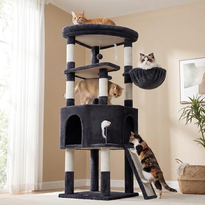 Cat Tree, 61" Tall Cat Tower, Diamond-Shaped Cat Cave VCT001G | Cat Condo with Wide Top Perch & Basket, Sturdy Scratching Post, Interactive Toy for Large Indoor Cats, Smoky Gray
