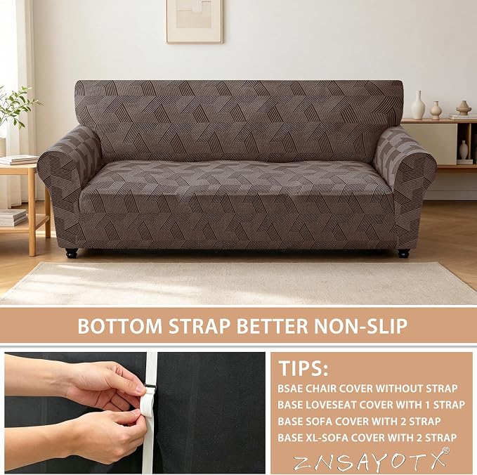ZNSAYOTX Stretch Couch Covers for 3 Cushion Couch, 1-Piece Sofa Cover Slipcover Pet Friendly, Furniture Protector with Elastic Bottom for Dogs Geometrical Jacquard Fabric (Large, Brown)