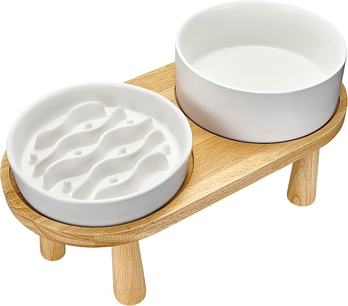 Ceramic Slow Feeder and Water Bowl Set for Medium and Large Dogs, 2.0 Cups Dog Slow Feeder(30oz) and 70oz Water Bowl Set, 8in, White