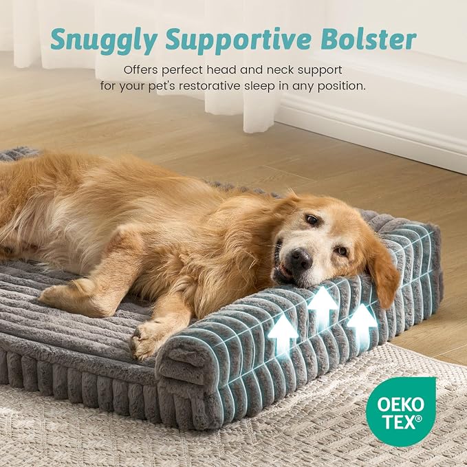 COZY KISS Ultra Soft Faux Rabbit Fur Dog Bed for Large Dogs – 44"x32" Orthopedic Foam Couch, Removable Washable Cover & Waterproof Lining, Grey
