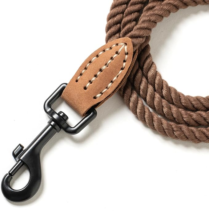Mile High Life Dog Leash Braided Cotton Rope with Leather-Reinforced Ends | Rust-proof 360° swivel clasp, Heavy-duty for small/medium dogs. Great for weddings, daily walks (5 FT, 1/3", Dark Brown)