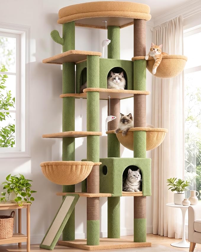 Globlazer Extra Large Cactus Cat Tree, 78 inch Sturdy Tall Cactus Cat Tree Tower for Indoor Multiple Large Adult Cats Kittens with 6 Scratching Posts, Enlarged Top Perch, 2 Padded Condos, S78G, Green