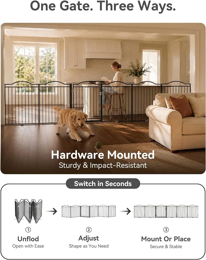No Pawblems Full Metal Free Standing Dog Gate with Door, 30'' Tall Foldable Freestanding Pet Gate for Indoor & Outdoor, Up to 156 Inch Extra Wide Dog Fence for Doorways, Stairs, Deck, Yard - Black