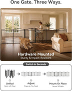 No Pawblems Full Metal Free Standing Dog Gate with Door, 30'' Tall Foldable Freestanding Pet Gate for Indoor & Outdoor, Up to 156 Inch Extra Wide Dog Fence for Doorways, Stairs, Deck, Yard - Black