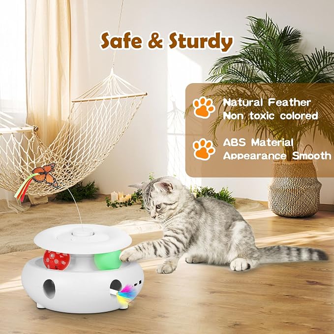 3-in-1 Interactive Cat Toy for Indoor Cats, White | Rechargeable Automatic, Fluttering Butterfly, Moving Feather, Smart Sensor 6 Holes Whack-A-Mole, Track Balls