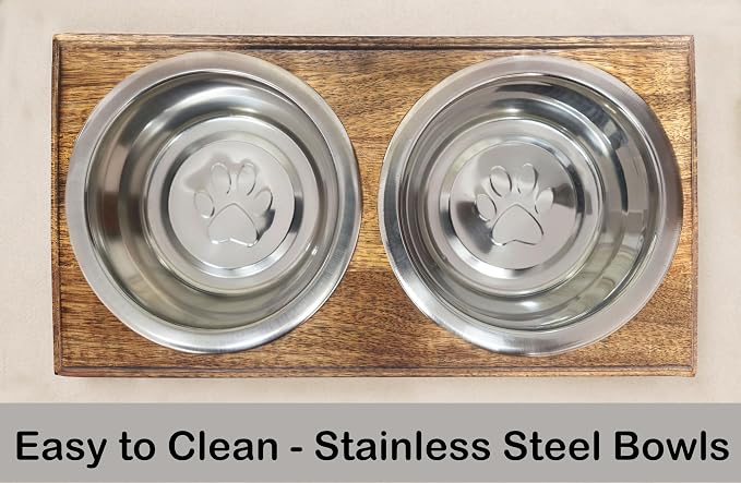 Croft&Cane Wooden Elevated Pet Feeder with 2 Steel Bowls - Natural Brown | Raised Dog Bowls for Small & Medium Pets – Solid Wood Handcrafted Fluted Design Feeding Station for Dogs & Cats - 15x8x5 Inch