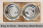 Croft&Cane Wooden Elevated Pet Feeder with 2 Steel Bowls - Natural Brown | Raised Dog Bowls for Small & Medium Pets – Solid Wood Handcrafted Fluted Design Feeding Station for Dogs & Cats - 15x8x5 Inch