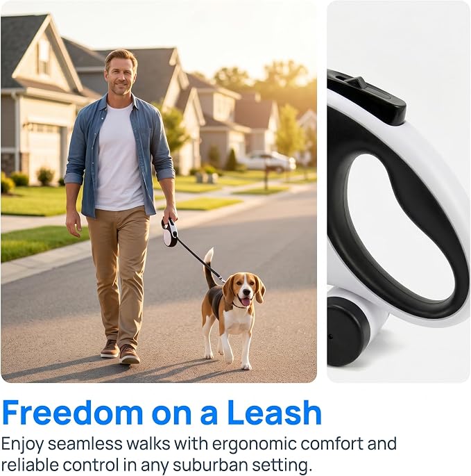 26ft Retractable Dog Leash Durable for Dog up to 110lbs, White | Automatic 8M Tangle-free Strong Nylon Leash for Large Dogs,Built-in Waste Bag Dispenser, One-hand Brake & Lock