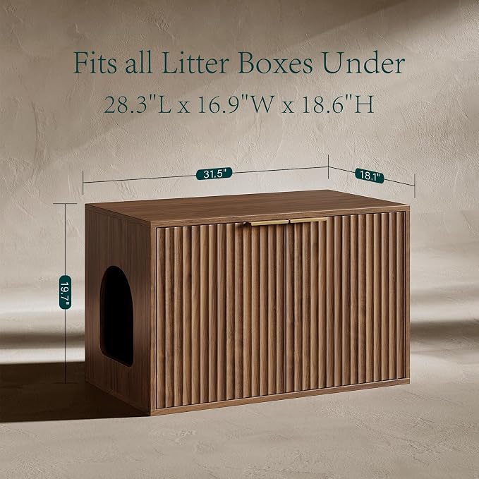 Evermagin 31.5" Cat Litter Box Enclosure Furniture | Walnut Hidden Litter Box Cabinet, Modern Indoor Cat House, Fluted Kitty End Table for Living Room, Bedroom, Entryway