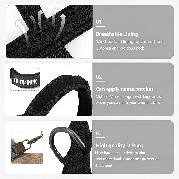 Tactical Dog Collar Adjustable Military Nylon Dog Collar with Control Handle and Heavy Duty Metal Buckle for Medium and Large Dogs (Black,XXL)