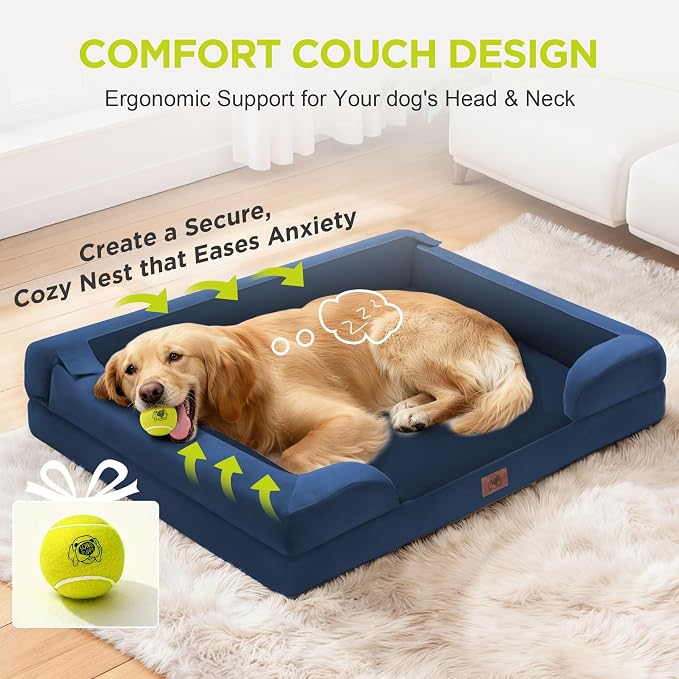 Waterproof Orthopedic Dog Bed for Extra Large Sized Dogs | Memory Foam Pet Bed Sofa with Bolster, Dog Couch with Washable Cover & Non-Slip Bottom, 42x30 Inch, Royal Blue