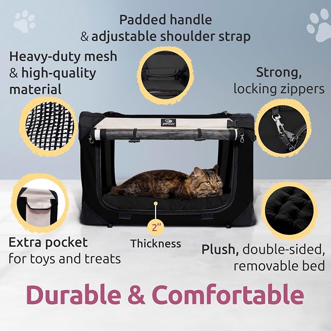 Cat & Dog Pet Carrier, Soft-Sided, Large 24"x16"x16", Fits Large Cat, 2 Cats, or Medium Dog Comfortably, Great for Travel & Vet Visits, Privacy Windows, Removable Bed, Locking Zippers, Foldable