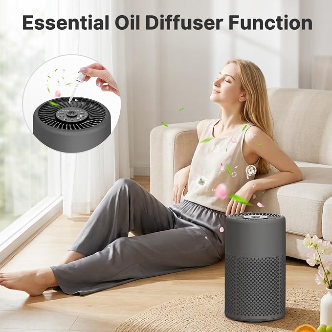 Air Purifiers for Bedroom, Dorm Room, True HEPA Filter for Smoke, Grey | Small Air Purifier for Wildfire Smoke, Dust, Pet Dander, 24dB Quiet Sleep Mode with Night Light, Fragrance Sponge, 2 Pack