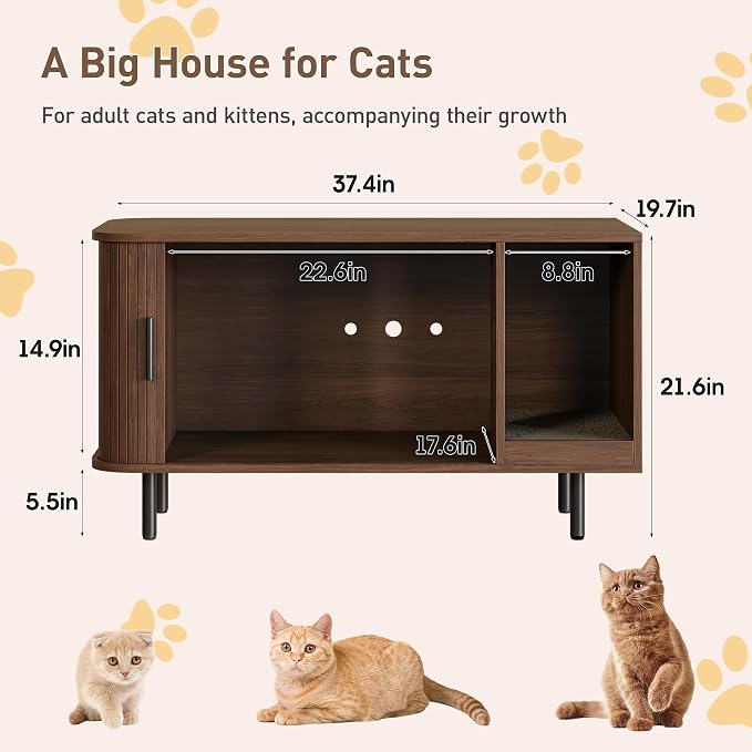 Halitaa 37.4" Cat Litter Box Enclosure with Scratch Pad, Sliding Door | Litter Box Enclosure Furniture Hidden Litter Box, Modern Indoor Cat House, TV Stand, Side End Table for Living Room, Walnut