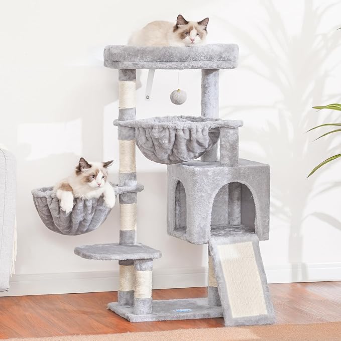 Hey-brother Cat Tree Tower with Large Bed, Hammocks, Scratcher, MPJ006SW | 35.4 Inches Cat House with Cozy Condo, Sisal Scratching Posts for Indoor Cats, Light Gray