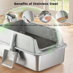 Stainless Steel Sifting Litter Box for Pine Pellets, Sifting Cat Litter Box with Sifter, High Side for Small Cats, Anti-Leakage, Odor Control, Includes Scooper, 22.4" x 14.6" x 11"