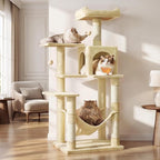 Feandrea Cat Tree, 54.2-Inch Cat Tower, Plush Multi-Level Condo with 4 Scratching Posts, 2 Perches, Hammock, Cave, Beige UPCT161M01