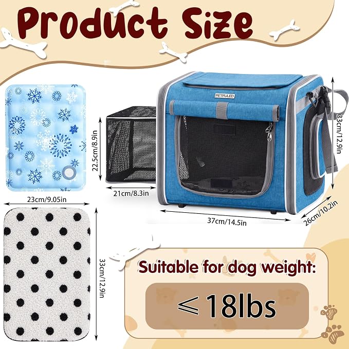 DaisyInner Dog Basket for Bike, Expandable Pet Carrier with Cooling Mat for Bicycle Handlebar, 2 Mesh Doors, Reflective Strips, Soft-Sided Travel Bag for Small & Medium Pet up to 8 kg(Blue)