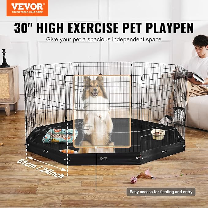 VEVOR Dog Playpen, 8 Pcs 30"H x 24"W Panels Foldable Metal Pet Exercise Pen, Dog Fence Indoor and Outdoor Pen with Door, 600D Oxford Fabric Bottom Pad, Pet Playpen for Dogs, Cats, Other Small Animals