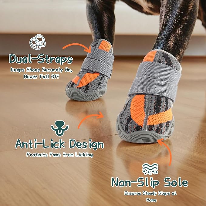 Dog Shoes for Small Dogs, Outdoor Dog Boots & Paw Protectors for Hot Pavement, Winter Snow Hiking, Breathable Dog Booties, Indoor Hardfloors Anti Slip Sole Grey Size 3