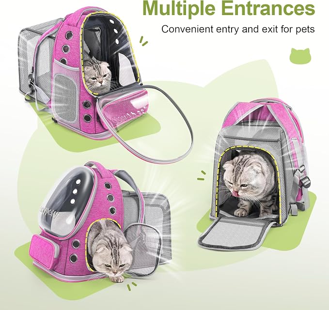 Cawypety Expandable Cat Backpack Large Space Cat Bubble Backpack Carrier | Pink, for Carrying Cats Pets and Small Dogs, Airline-Approved, for Travel Hiking Walking Car, Transparent Window, Breathable