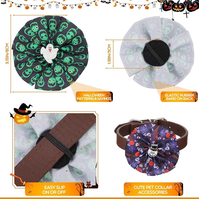 100 Pcs Halloween Dog Collar Bows Halloween Pet Flower Collar Bow Ties Attachment for Small Medium Large Dog Cat Puppy Holiday Grooming Accessories