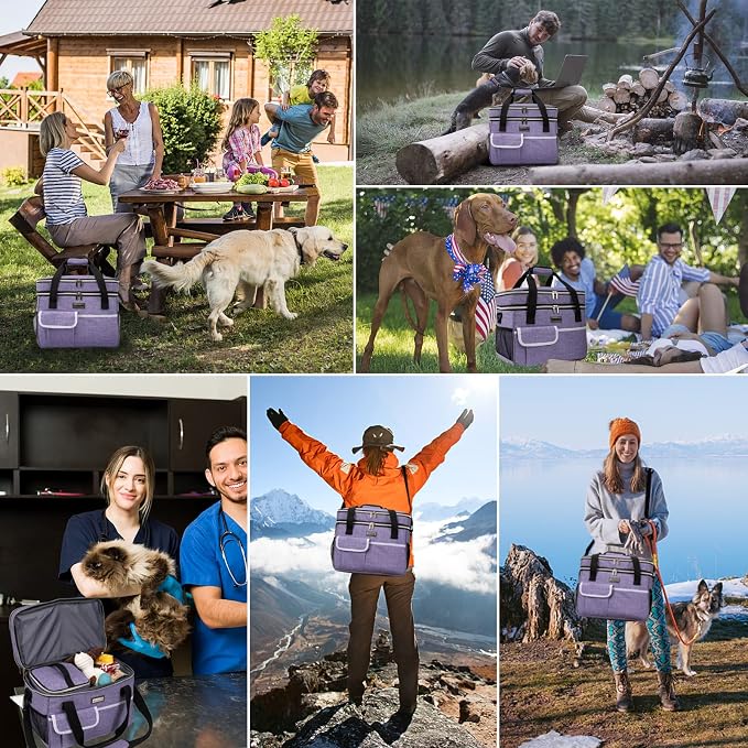 BAGLHER Dog Travel Bag for Supplies - Double-Layer Airline Approved Weekend Pet Travel Organizer Set for Dog and Cat Tote with 2 Pet Food Containers and 2 Collapsible Silicone Bowls Purple