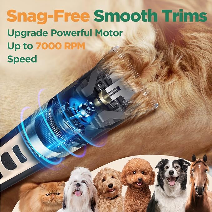 Gimars Cordless 4 Speed 7000rpm Dog Clippers with 6 in 1 4CR Stainless Steel Dog Grooming Scissors Kits, Low Noise 55db Rechargeable Pet Hair Thick Coat Trimmer Cat Shaver Clippers Kit for Cat Pet