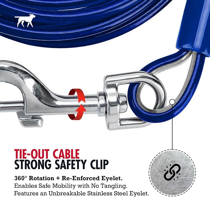 Tuff Pupper Dog Tie Out Cable, 15 ft Heavy Duty Lead for up to 60 lb Dogs | Extra-Strong Coated Steel Wire for Large Dogs; Water/Rust Resistant Yard Runner Line with 360-Degree No-Tangle Swivel Clips