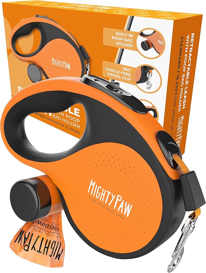 Mighty Paw Retractable Dog Leash with Poop Bag Holder, 16 Ft | Quick-Lock Brake, For Pets Up To 50 Lbs, Stainless Steel Coil, Reflective Nylon Tape, Tangle-Free Swivel Clip