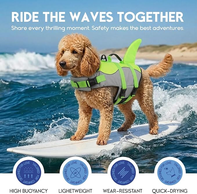 ASENKU Dog Life Jacket - Pet Safety Vest for Swimming & Boating, Shark Life Jacket with Floatation, Dog Lifesavers Swimsuits for Small Medium Large Dogs (Green, S)