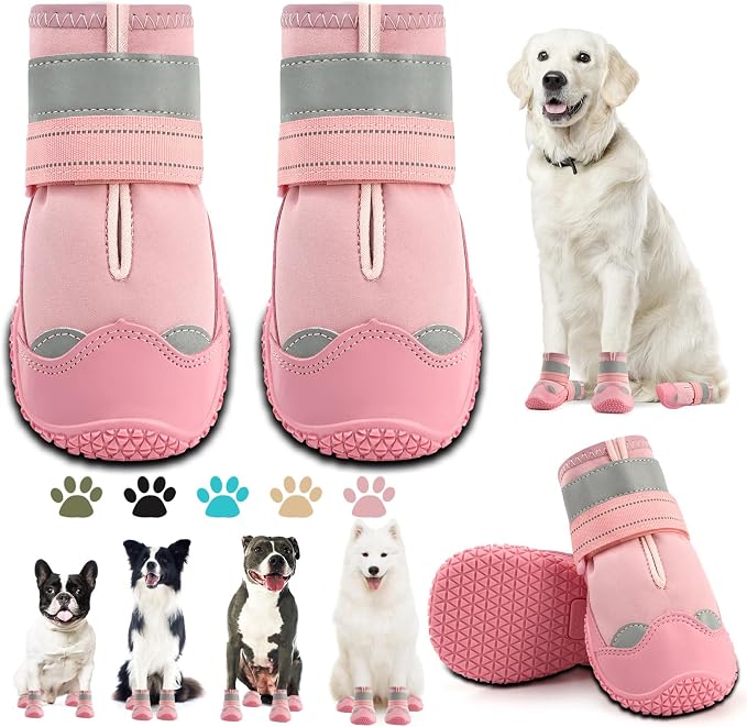 Dog Boots for Large Dogs, Medium Dog Boots & Paw Protectors for Hardwood Floors, Outdoor Dog Booties for Hot Pavement Winter Snow Hiking, Dog Shoes with Reflective Strips