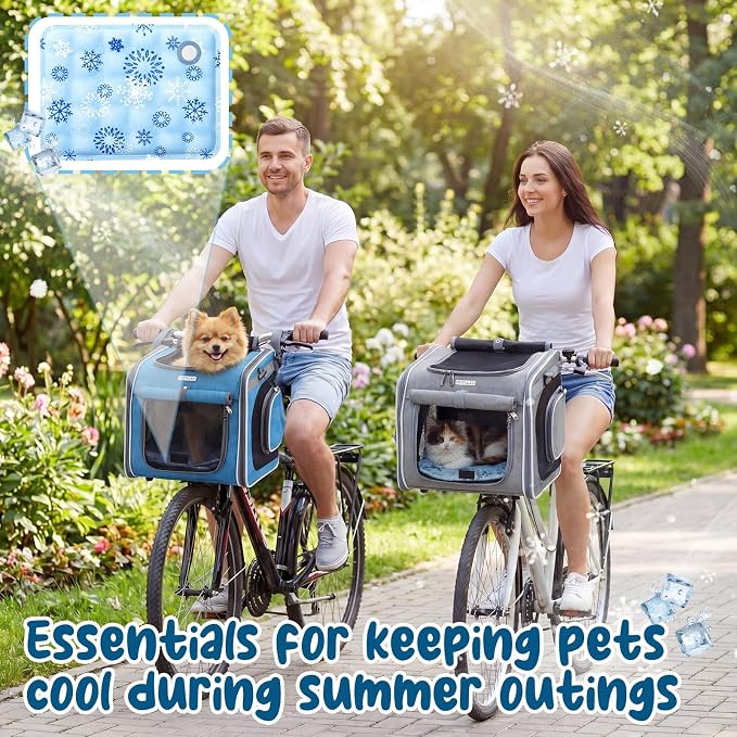 DaisyInner Dog Basket for Bike, Expandable Pet Carrier with Cooling Mat for Bicycle Handlebar, 2 Mesh Doors, Reflective Strips, Soft-Sided Travel Bag for Small & Medium Pet up to 8 kg(Blue)
