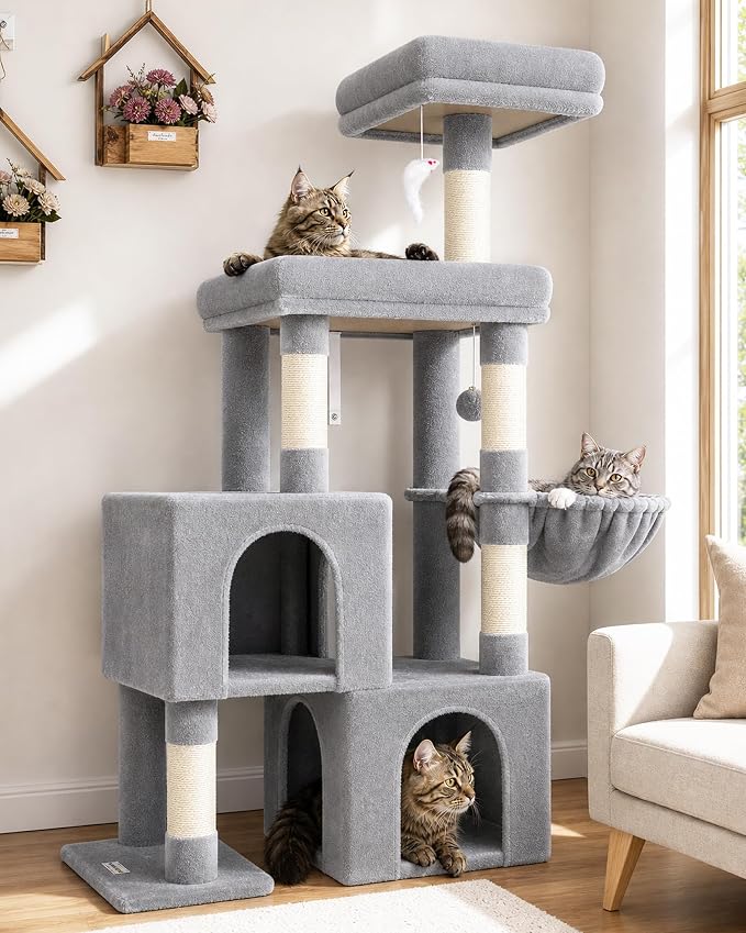 Globlazer 52in Cat Tree Tower for Indoor Cats, 2 Condos, S52, Light Grey | Multi-Level Plush House, 5 Sisal Scratching Posts, 2 Padded Top Perches, Big Metal Basket, Stable Enlarged Base