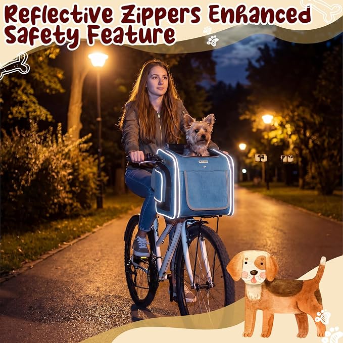 DaisyInner Dog Basket for Bike, Expandable Pet Carrier with Cooling Mat for Bicycle Handlebar, 2 Mesh Doors, Reflective Strips, Soft-Sided Travel Bag for Small & Medium Pet up to 8 kg(Blue)